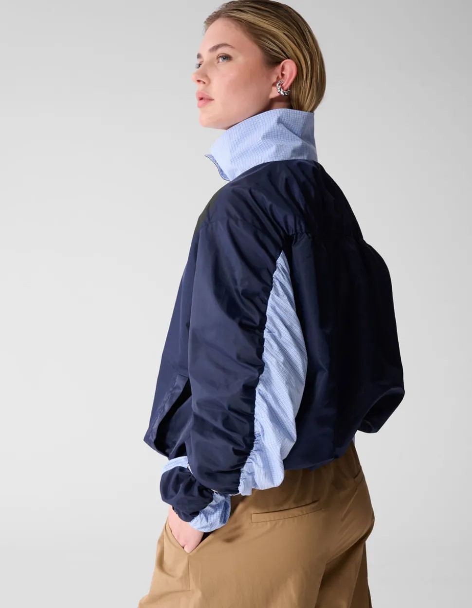 Check Satin Bomber Blauw