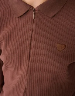 Collar Zip Longsleeve Top Donkerbruin