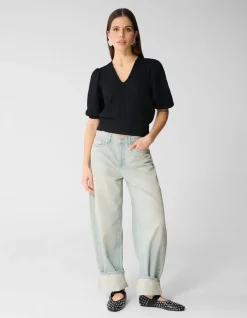 Crinkle V-Hals Top Zwart