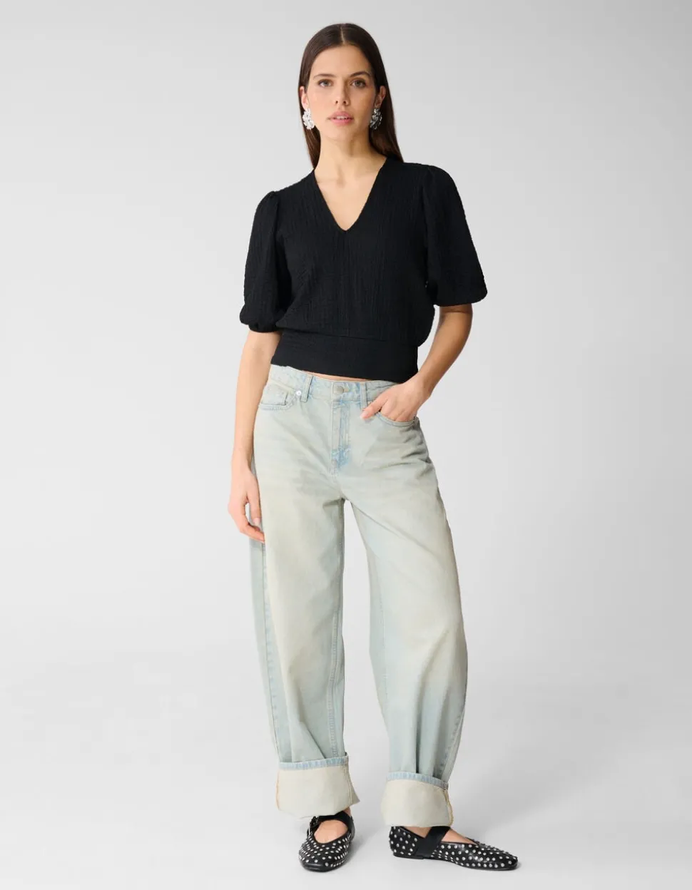 Crinkle V-Hals Top Zwart