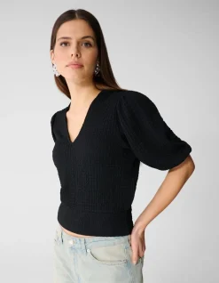Crinkle V-Hals Top Zwart