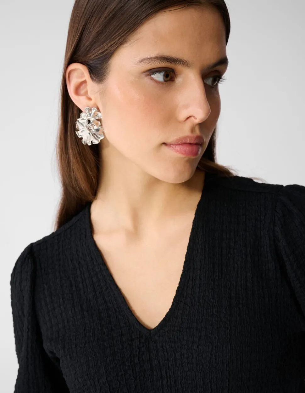 Crinkle V-Hals Top Zwart