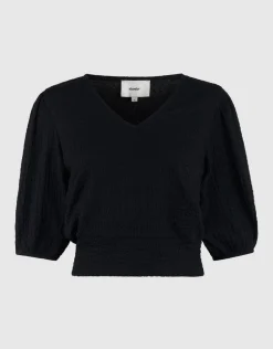 Crinkle V-Hals Top Zwart