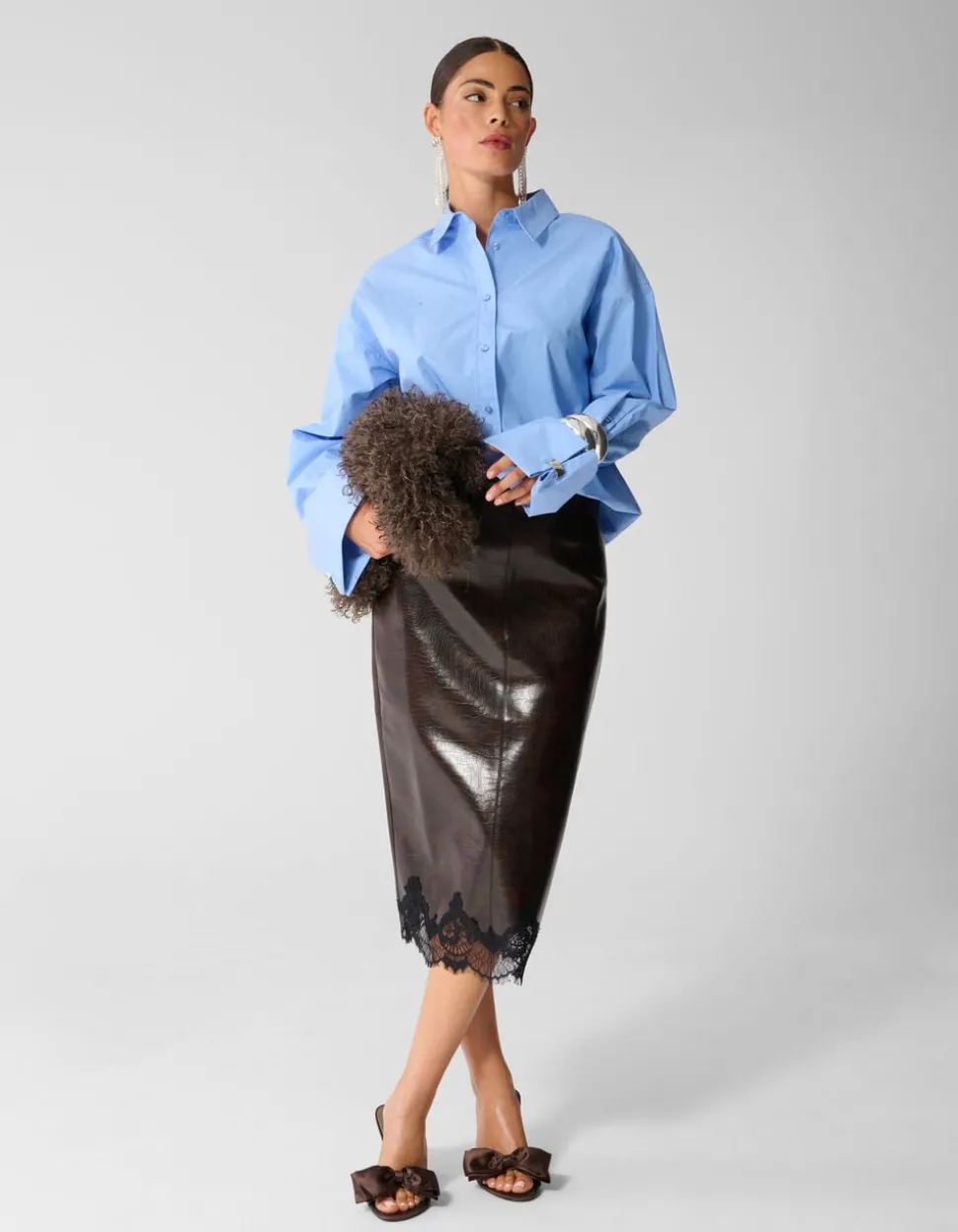 Croco Vegan Leren Midi Rok Donkerbruin