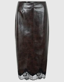 Croco Vegan Leren Midi Rok Donkerbruin