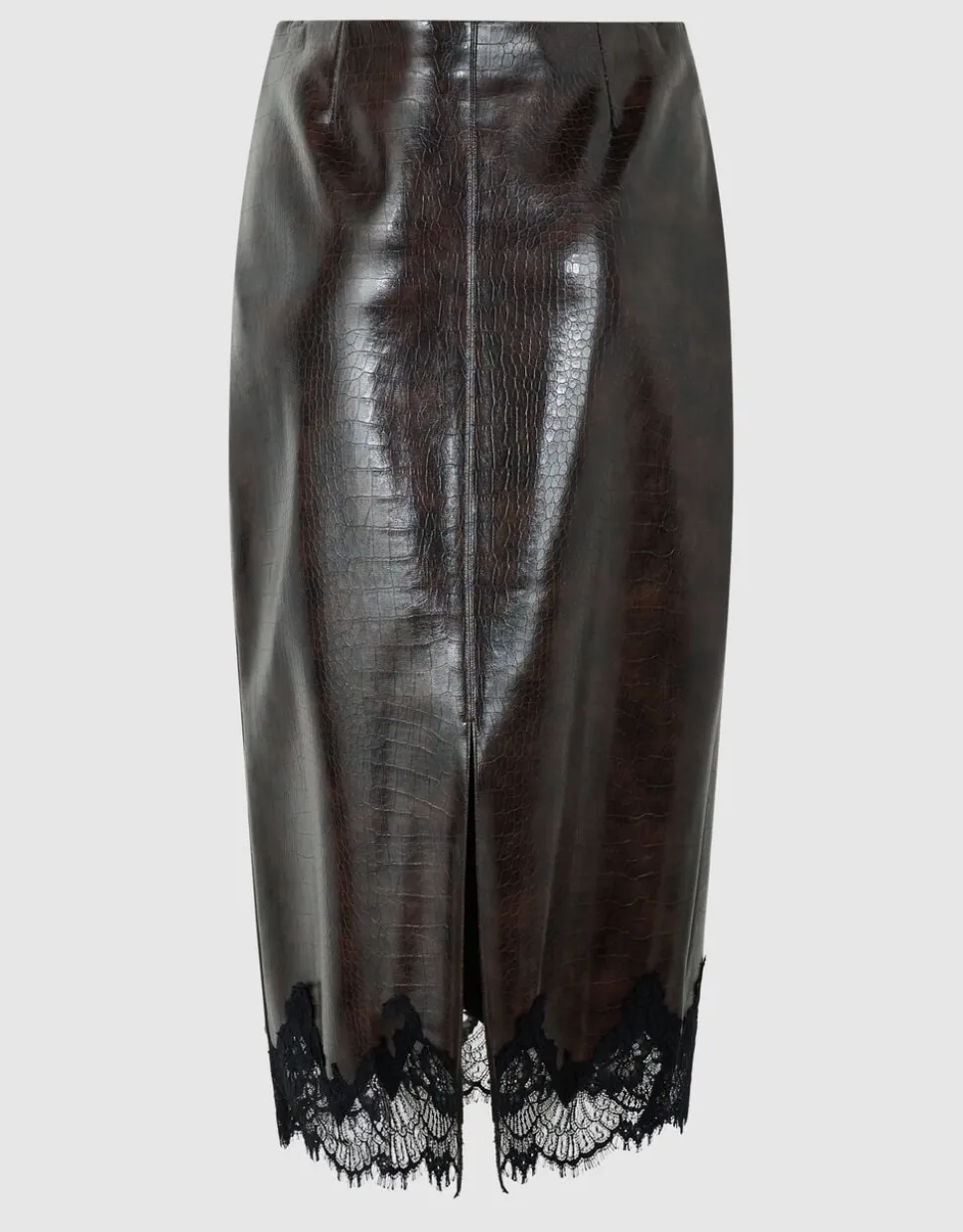 Croco Vegan Leren Midi Rok Donkerbruin