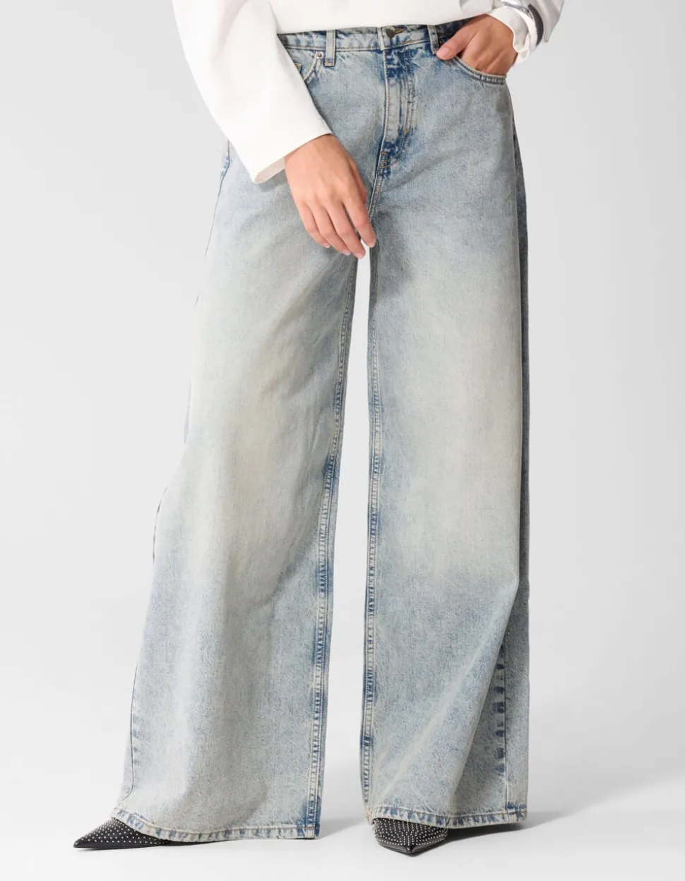 Curved Wide Leg Fit Jeans Mediumstone