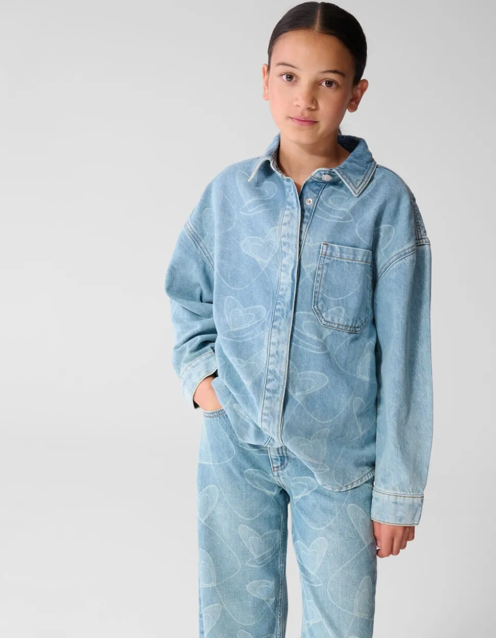 Denim Heart Print Blouse Blauw
