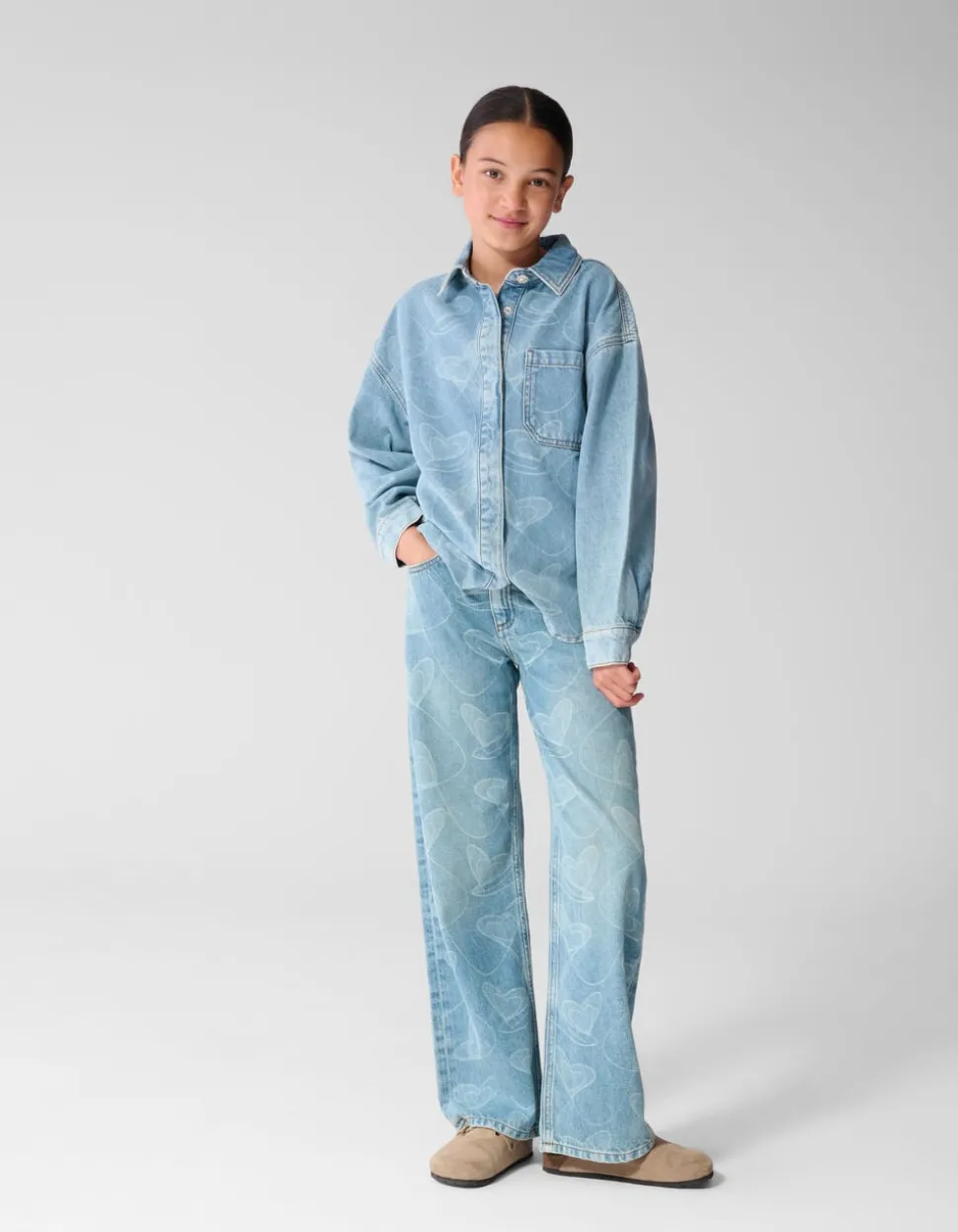 Denim Heart Print Blouse Blauw