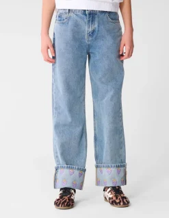 Embroidery Wide Leg Fit Jeans Bleached