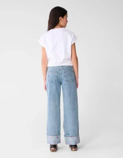 Embroidery Wide Leg Fit Jeans Bleached