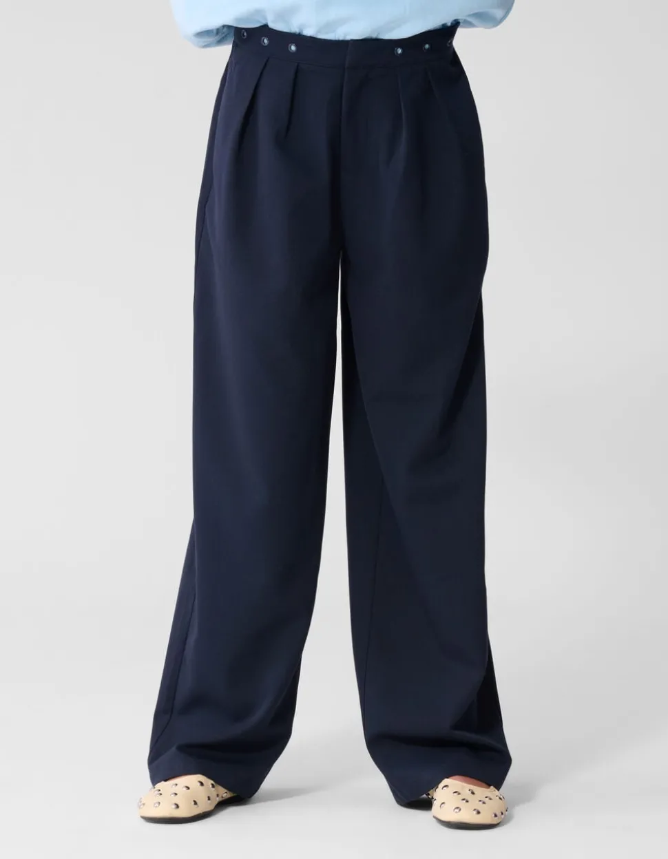 Eyelet Wide Leg Pantalon Donkerblauw