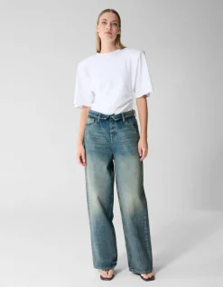 Folded Waistband Baggy Fit Jeans Donkerblauw