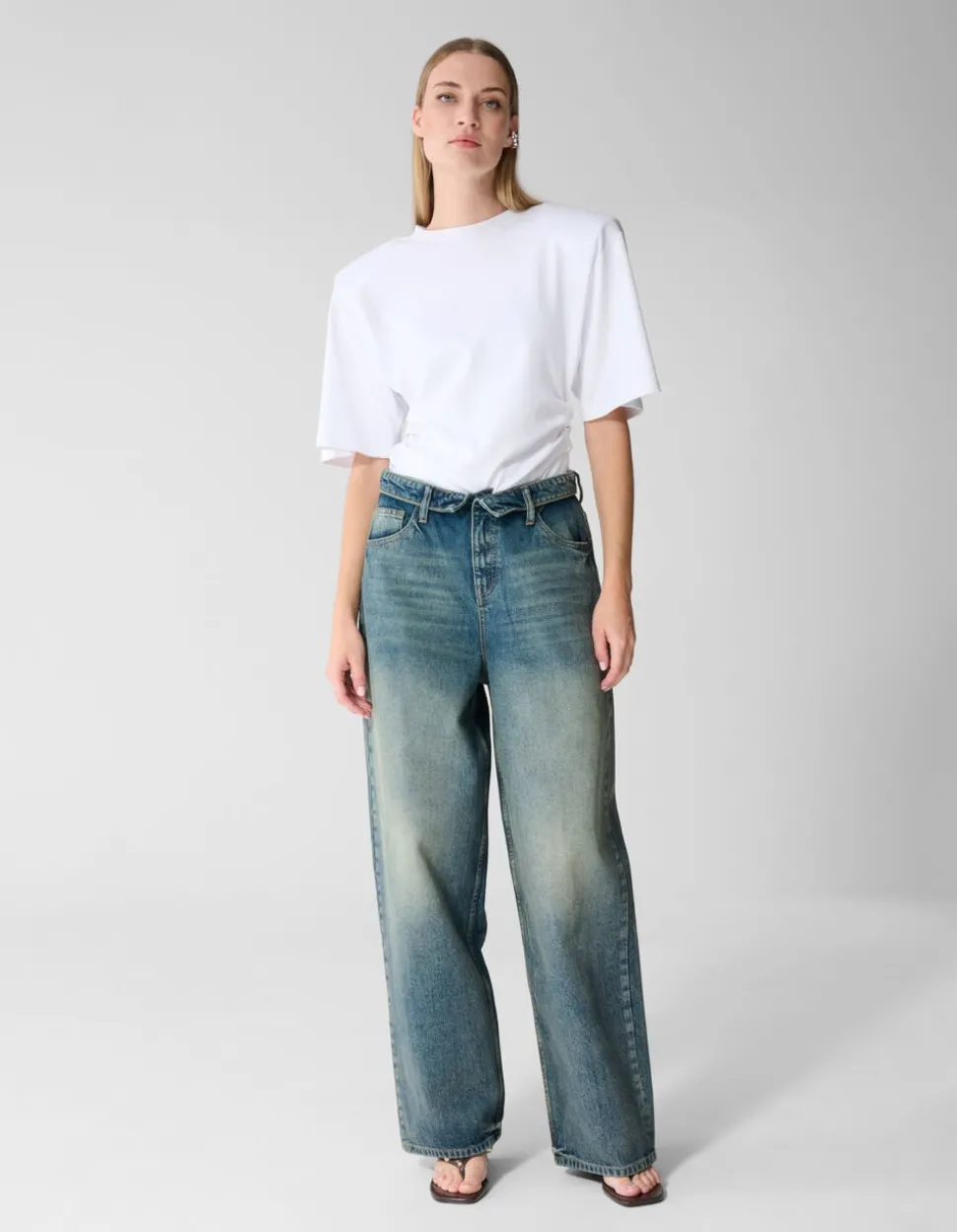 Folded Waistband Baggy Fit Jeans Donkerblauw