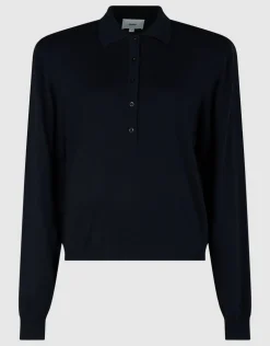 Gebreide Longsleeve Polo Donkerblauw
