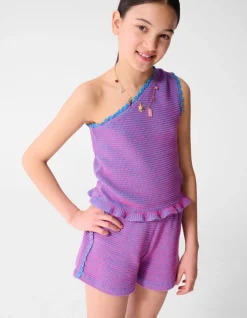 Gebreide One Shoulder Top Roze/Blauw
