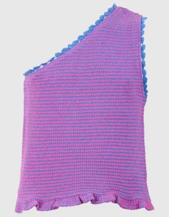 Gebreide One Shoulder Top Roze/Blauw