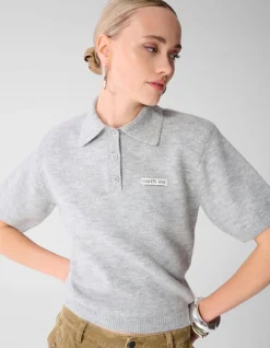 Gebreide Strass Collar Polo Lichtgrijs