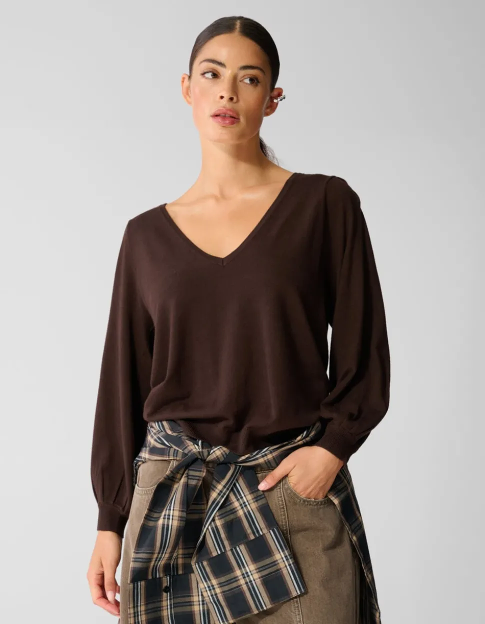 Gebreide V-neck Trui Donkerbruin