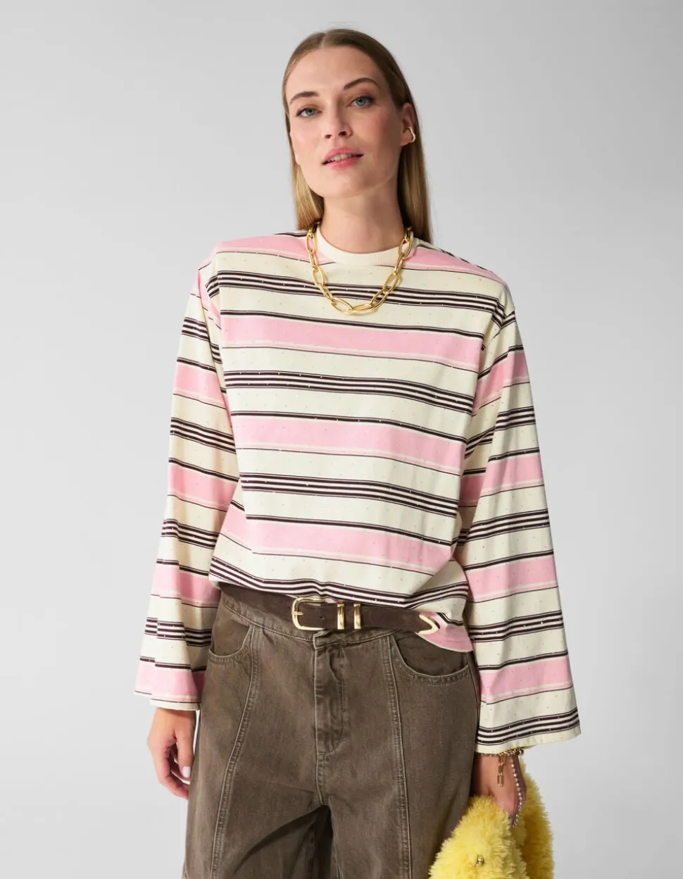 Gestreept Strass Longsleeve T-shirt Roze