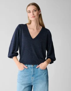 Glitter Gebreide V-hals Trui Donkerblauw
