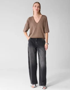 Glitter V-hals Gebreide Trui Taupe