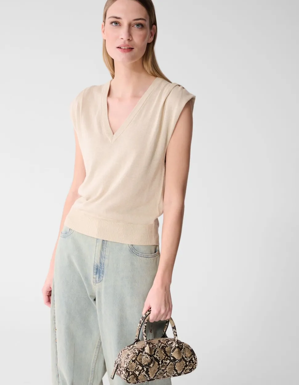 Glitter V-Neck Top Zand