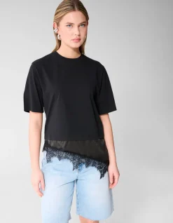 Kanten Satijnen T-shirt Zwart