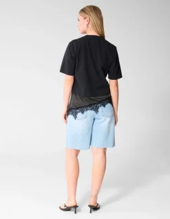 Kanten Satijnen T-shirt Zwart