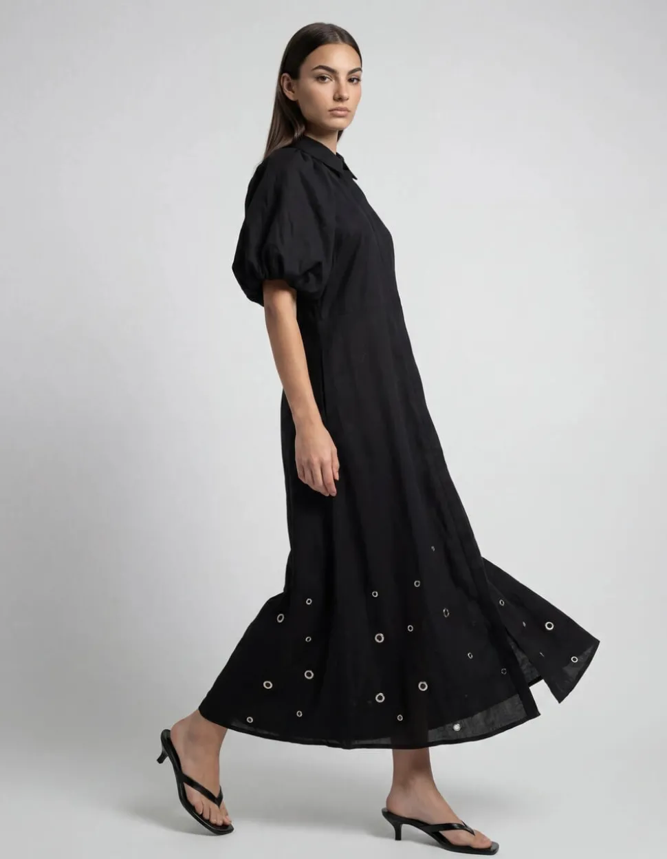 Linnen Eyelet Maxi Jurk Zwart