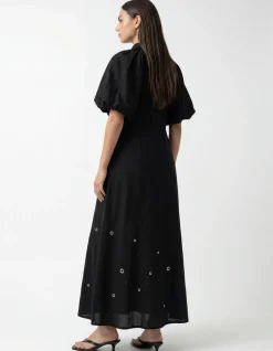 Linnen Eyelet Maxi Jurk Zwart