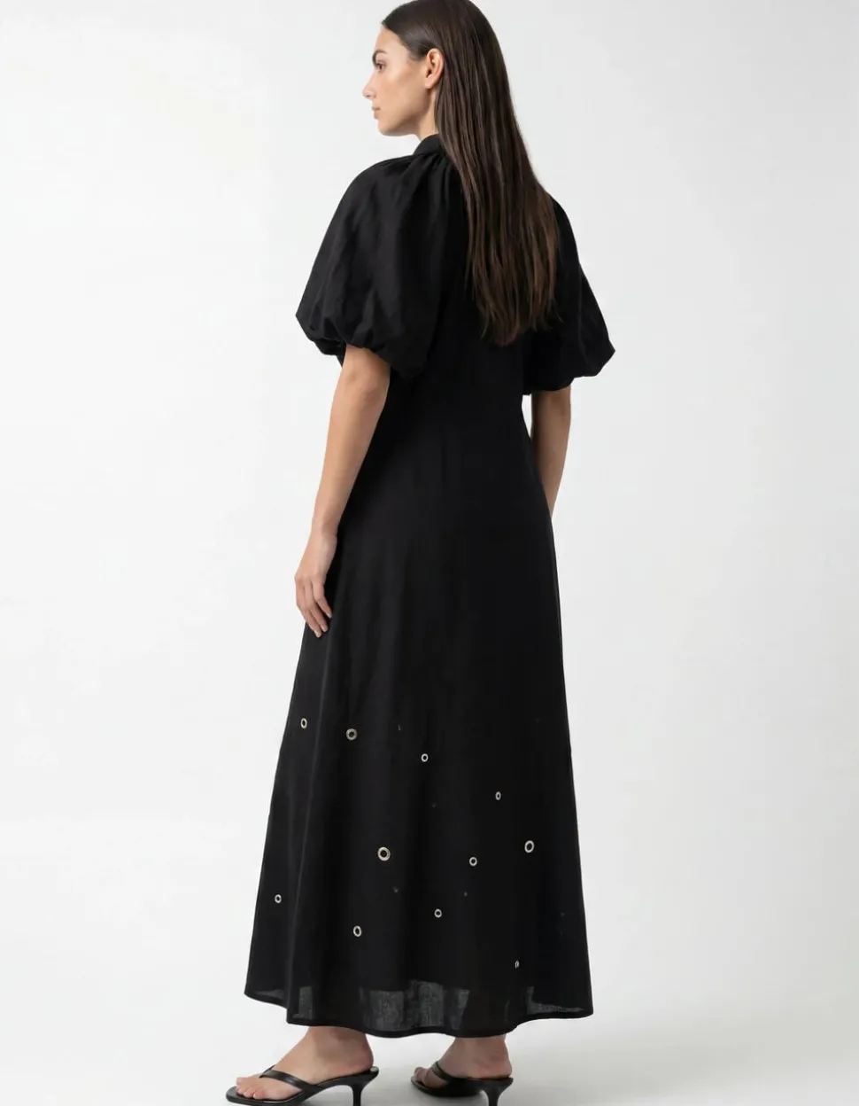 Linnen Eyelet Maxi Jurk Zwart