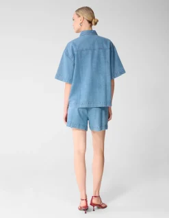 Oversized Fit Strass Denim Blouse Blauw