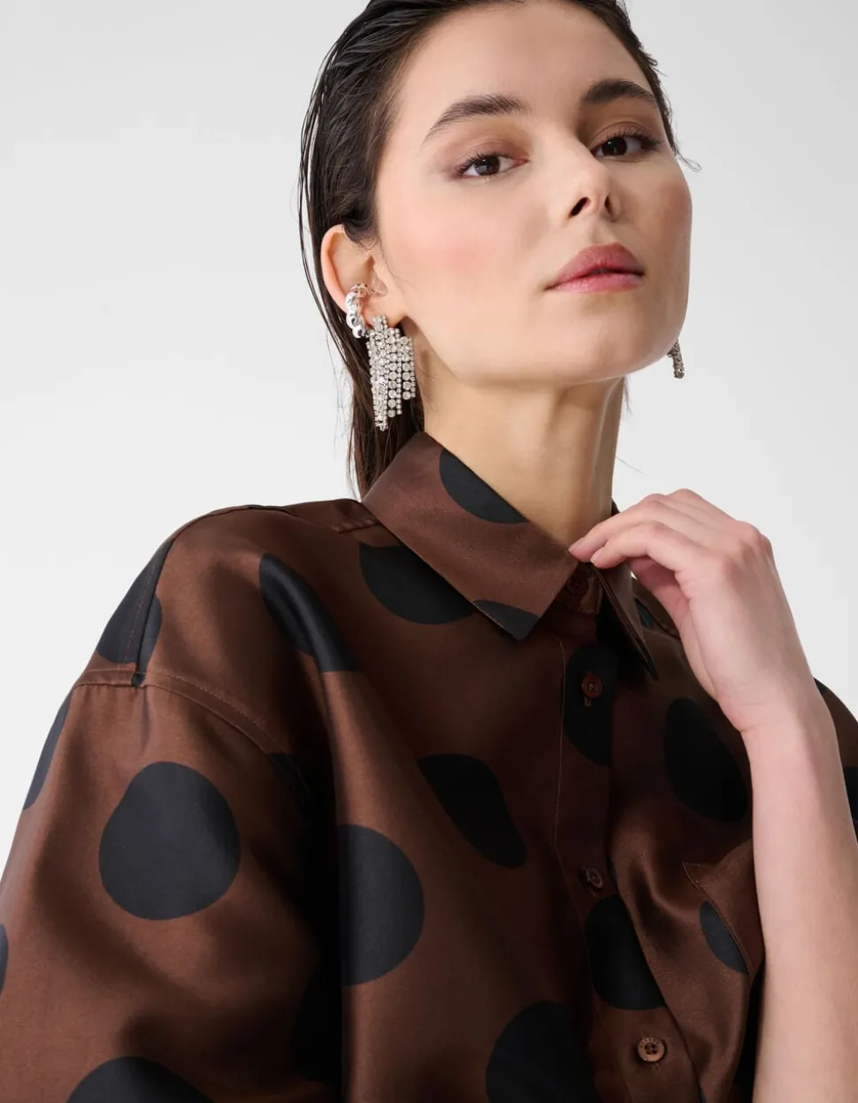 Oversized Kanten Polkadot Blouse Bruin