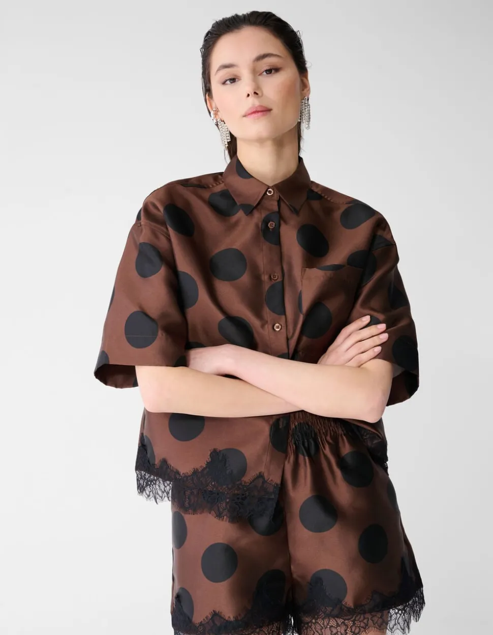 Oversized Kanten Polkadot Blouse Bruin