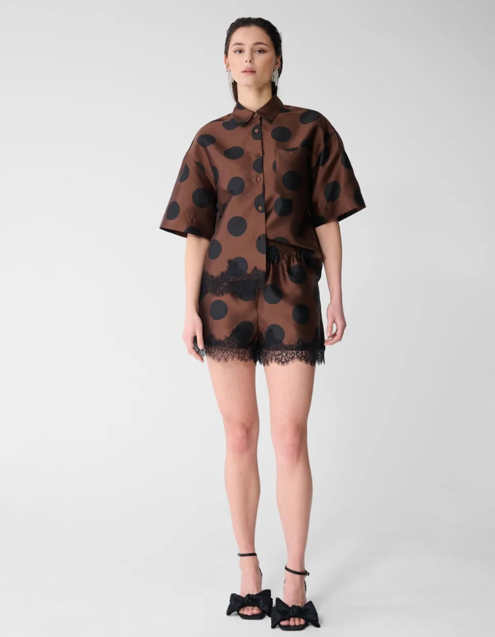 Oversized Kanten Polkadot Blouse Bruin