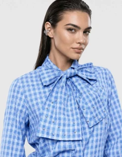 Oversized Ruiten Bow Blouse Blauw