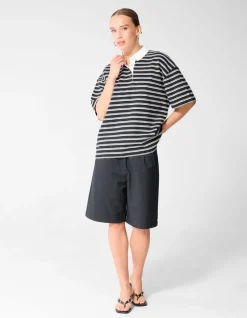 Oversized Stripe Short Sleeve Polo Zwart