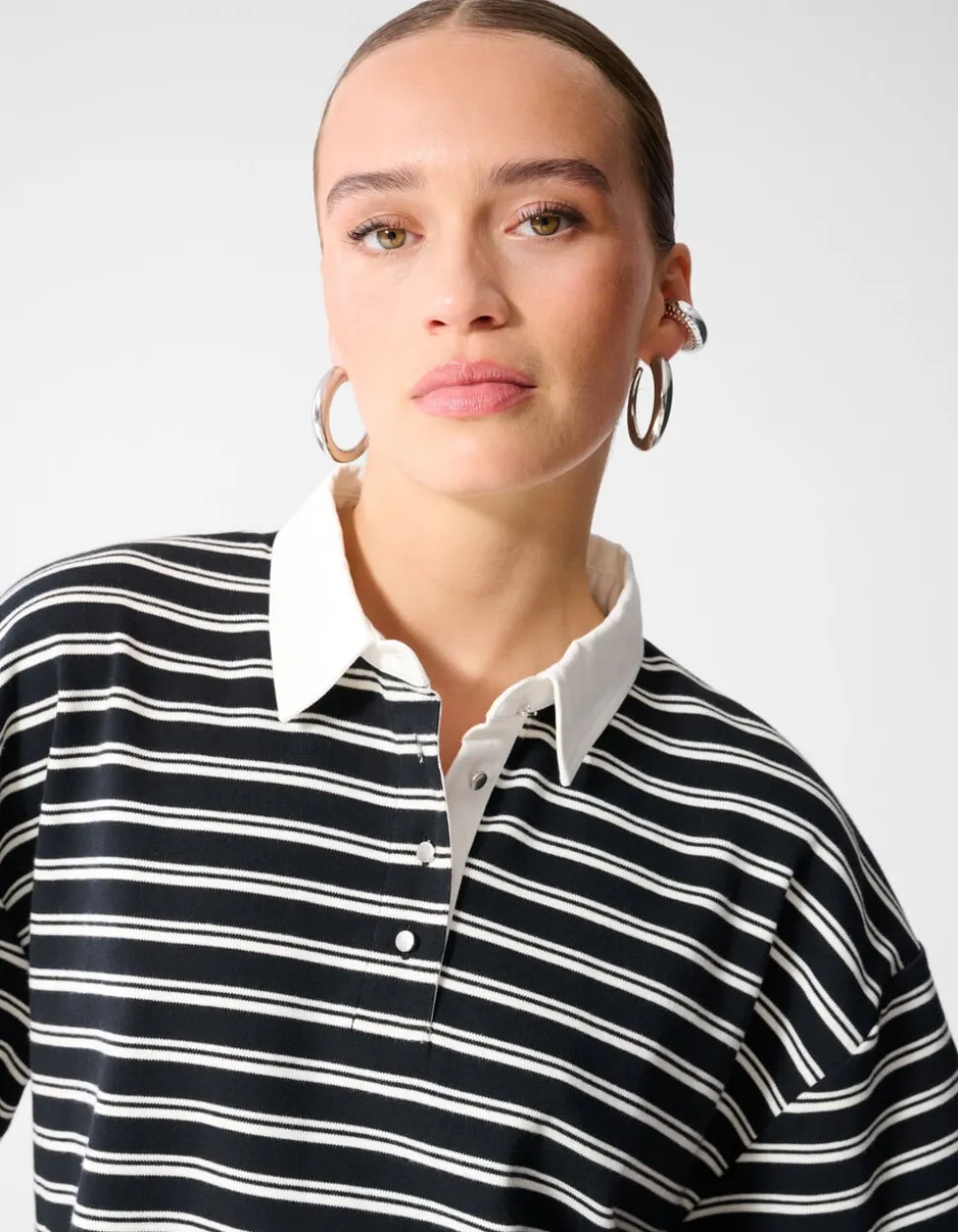 Oversized Stripe Short Sleeve Polo Zwart