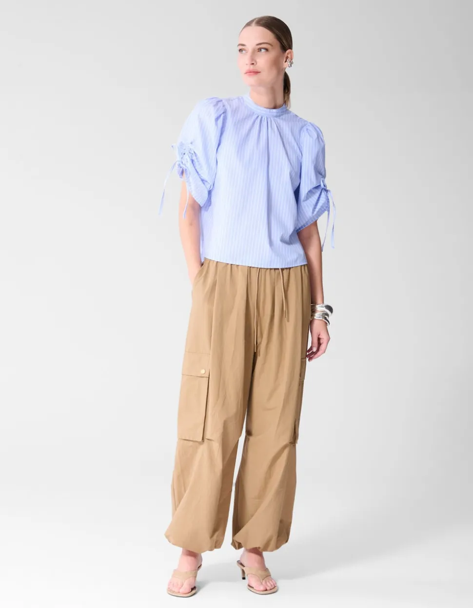 Pinstripe Cord Sleeve Blouse Lichtblauw