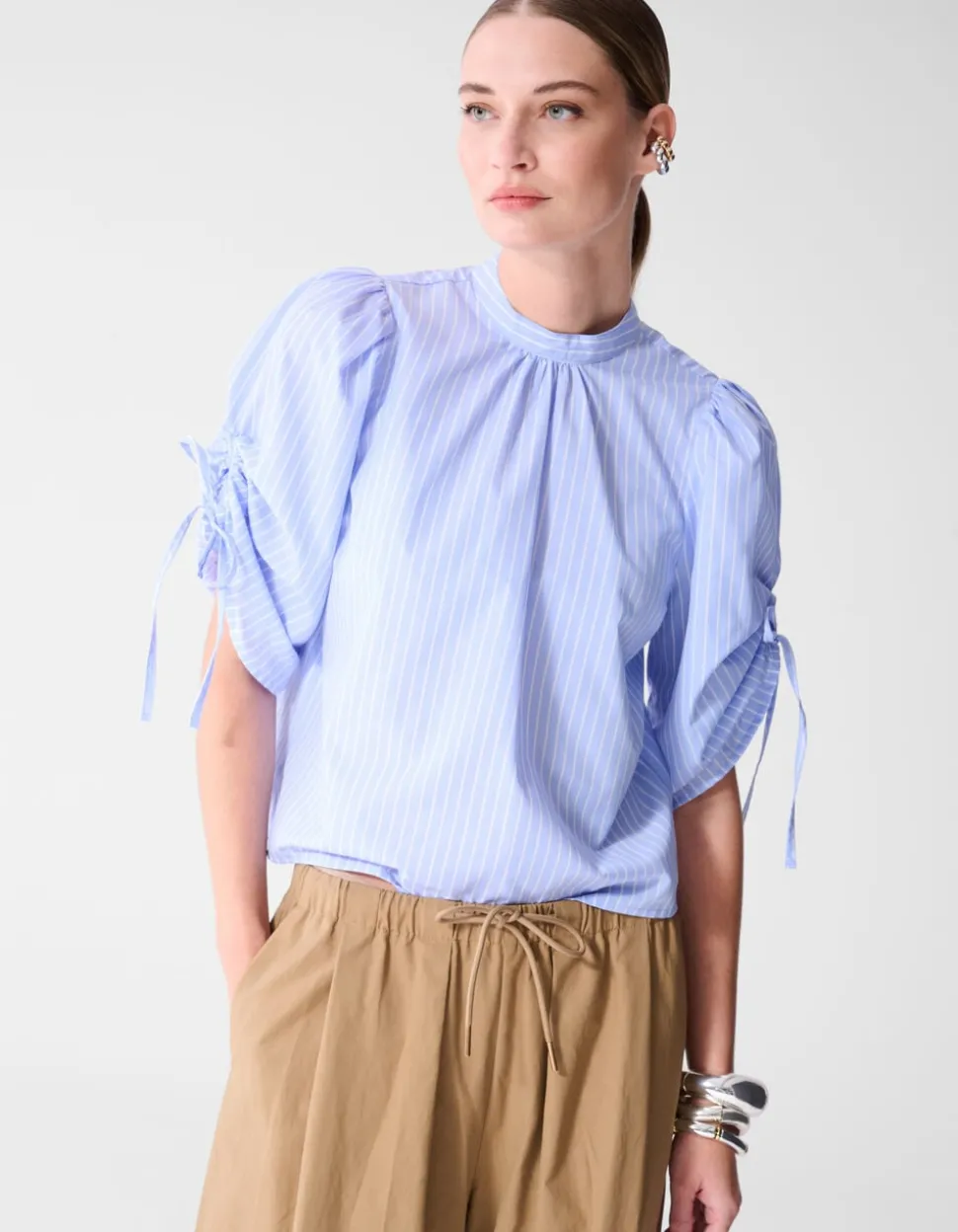 Pinstripe Cord Sleeve Blouse Lichtblauw