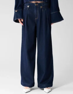 Pleated Button Wide Leg Fit Jeans Donkerblauw