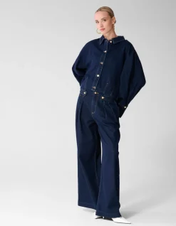 Pleated Button Wide Leg Fit Jeans Donkerblauw