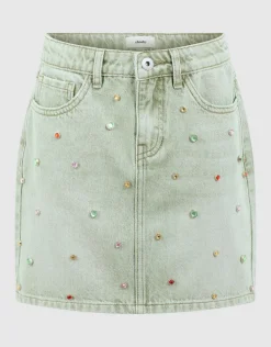 Rhinestone Denim Rok Groen