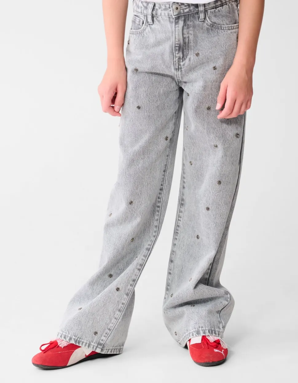 Rose Stud Wide Leg Fit Jeans Lichtgrijs