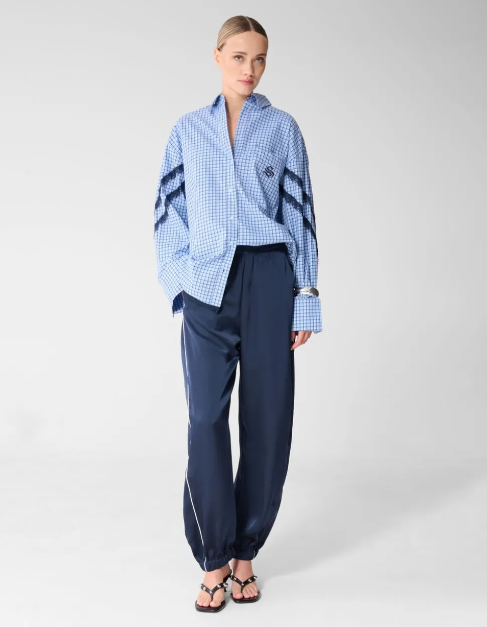 Satijnen Contrast Jogger Donkerblauw