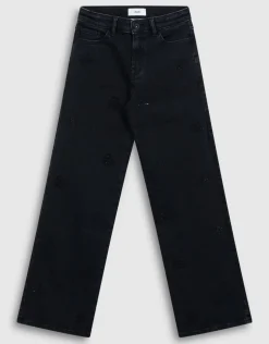 Shiny Wide Leg Fit Jeans Zwart