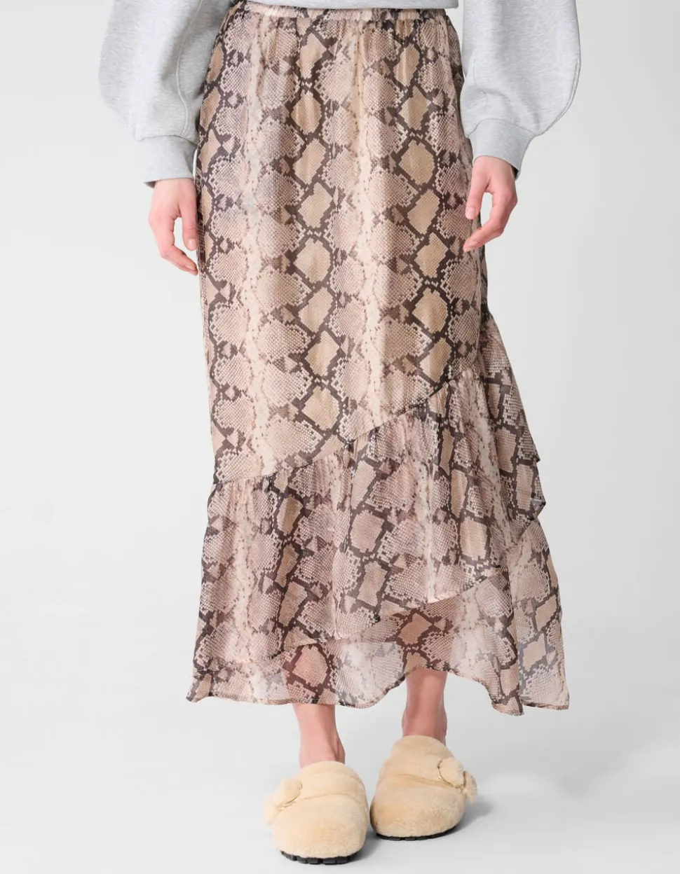 Snake Ruffle Maxi Rok Lichtbruin