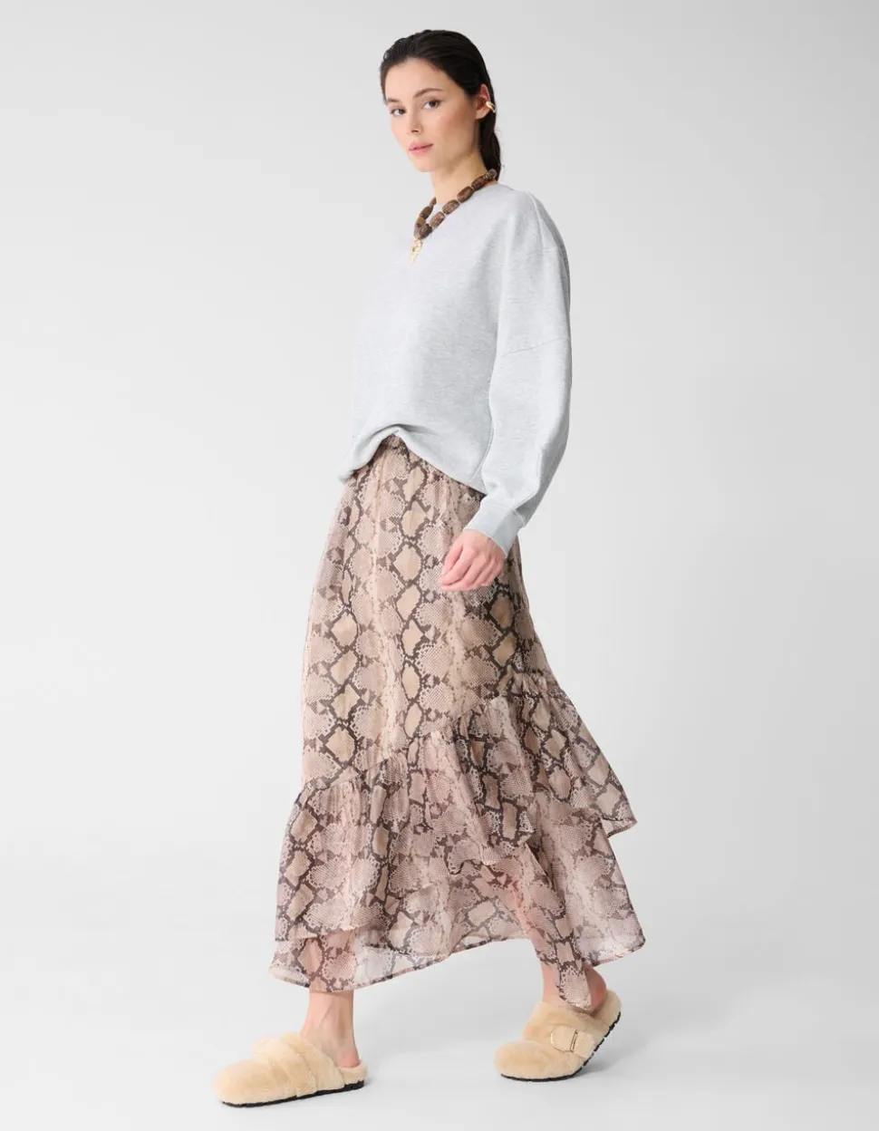 Snake Ruffle Maxi Rok Lichtbruin