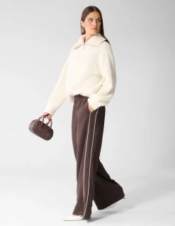 Sporty Piping Wide Leg Fit Broek Donkerbruin